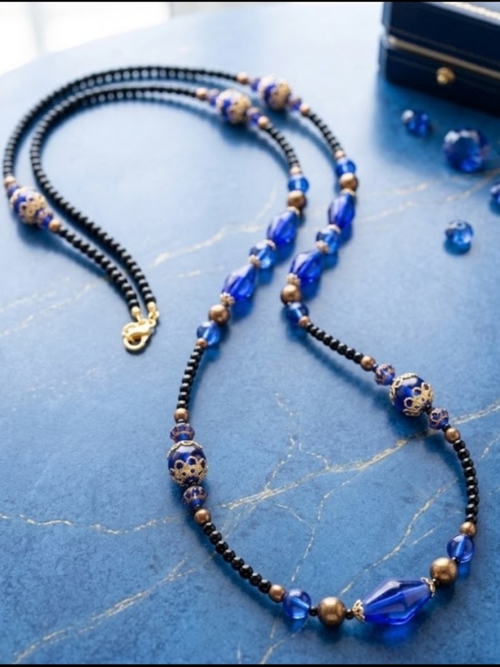 Vintage Art Deco Cobalt Blue Glass & Filigree Beaded Necklace - Collectible